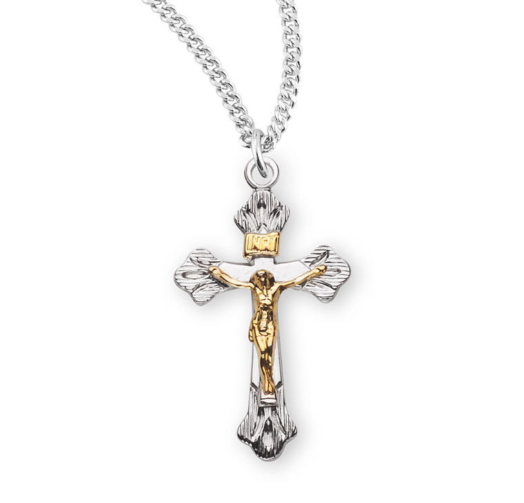 Flare Tipped Two-Tone Crucifix Necklace - Sterling Silver Pendant On 18" Stainless Chain