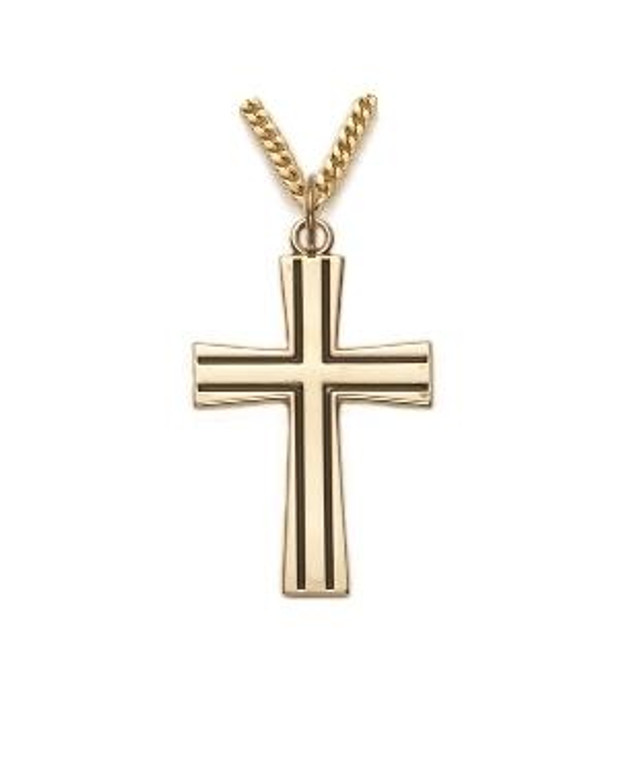 Mens Flared Antiqued Cross Necklace - 24KT Gold Over Sterling Silver Pendant on 24 Gold Plated Chain SX8015VH