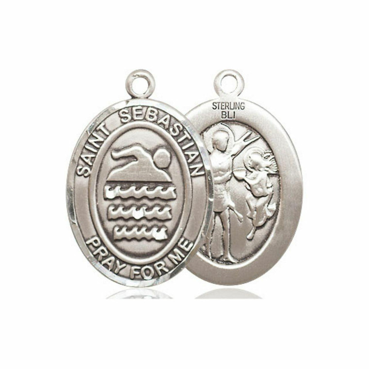 St Sebastian Swimming Medal - Sterling Silver Oval Pendant 3 Sizes