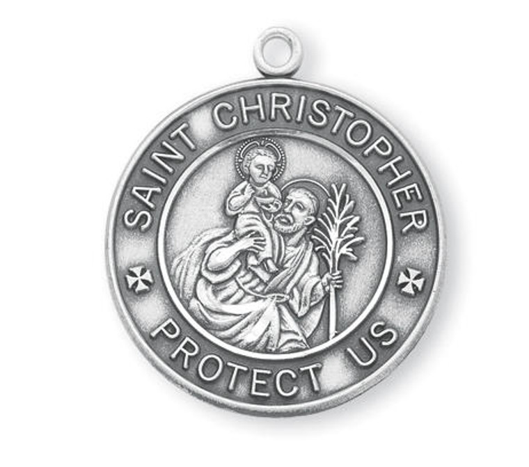 St Christopher Sterling Silver Medal On A 24 Stainless Chain - Sterling Silver 1 1/8 x 15/16 Round Pendant