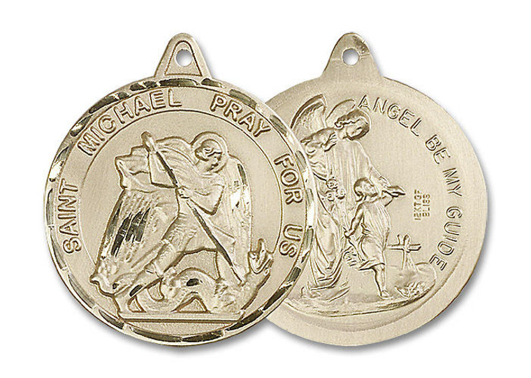 Extra Large St Michael and Guardian Angel Medal - 14kt Gold 1 3/8 x 1 1/4 Round Pendant 0201R