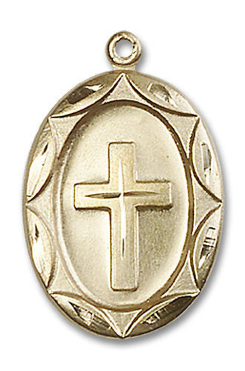 Large Embellished Cross Medal - 14kt Gold 1 x 5/8 Oval Pendant 0801Y