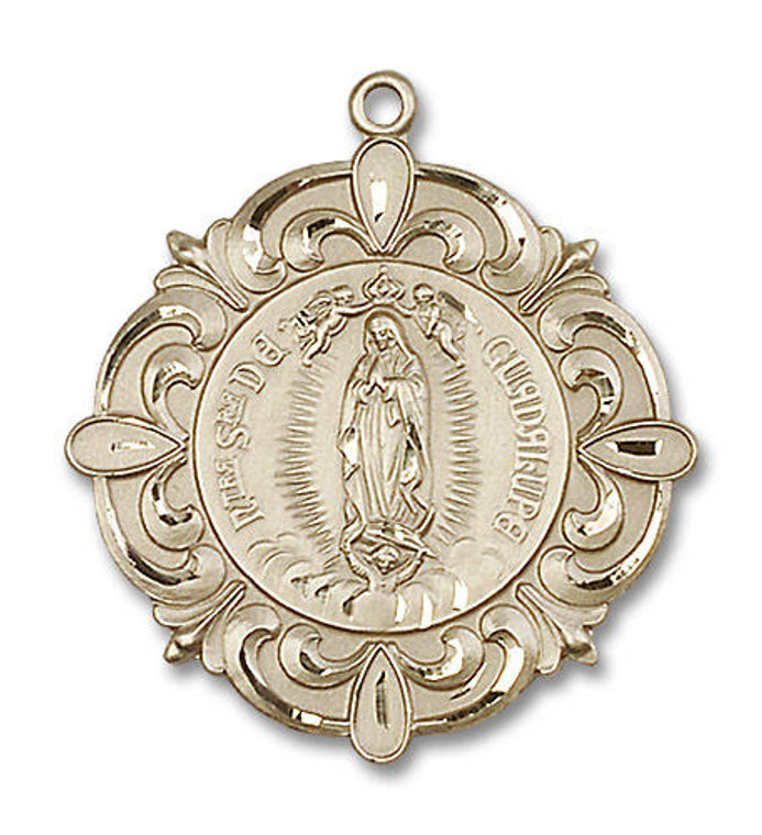 Embellished Large Our Lady of Guadalupe Medal - 14kt Gold 1 1/4 x 1 1/8 Pendant 4227