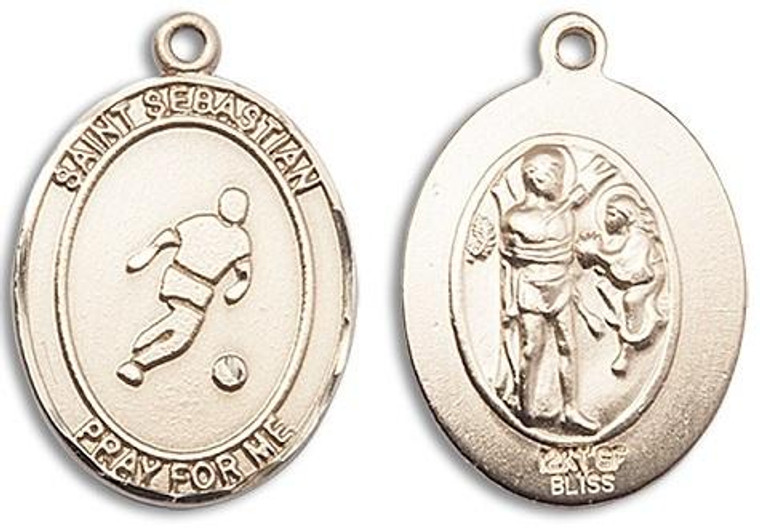 St Sebastian Soccer Medal - 14kt Gold Oval Pendant 3 Sizes