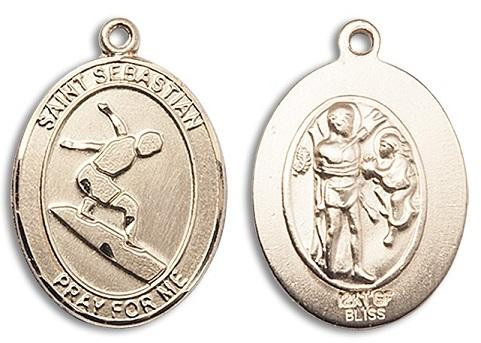 St Sebastian Surfing Medal - 14kt Gold Oval Pendant 3 Sizes