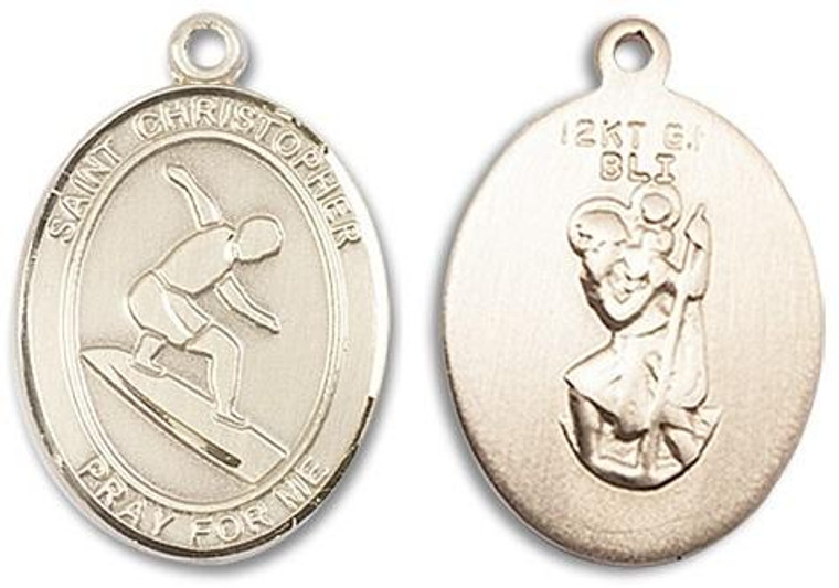 St Christopher Surfing Medal - 14kt Gold Oval Pendant 3 Sizes