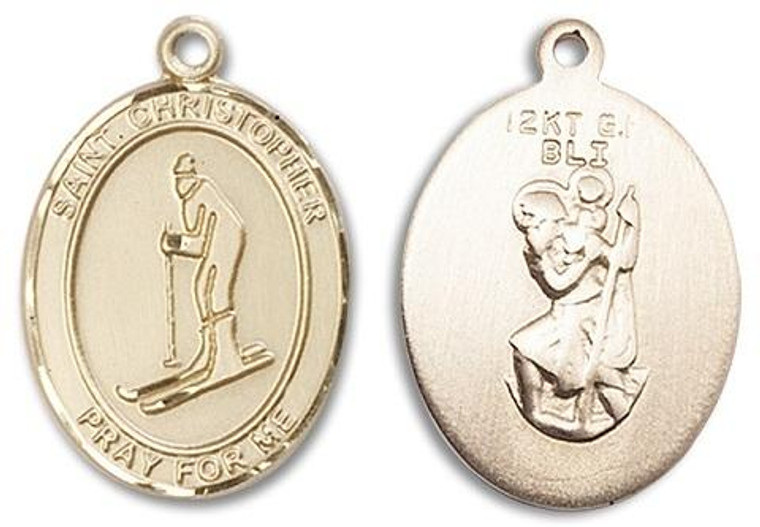 St Christopher Skiing Medal - 14kt Gold Oval Pendant 3 Sizes