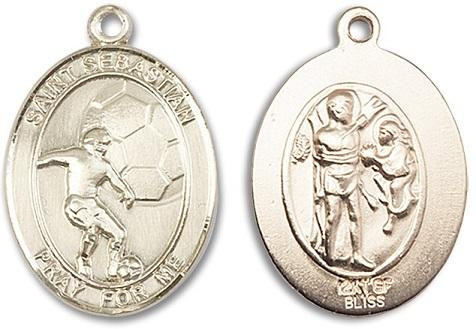 St Sebastian Mens Soccer Medal - 14kt Gold Oval Pendant 2 Sizes