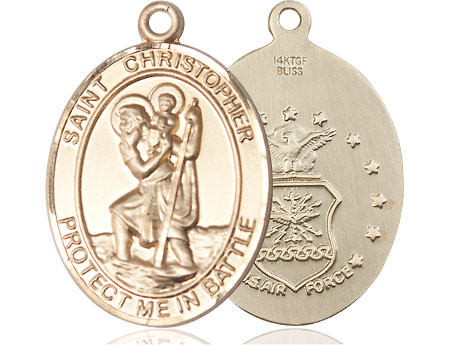 St. Christopher Air Force Medal - 14kt Gold Oval Pendant (2 Sizes)