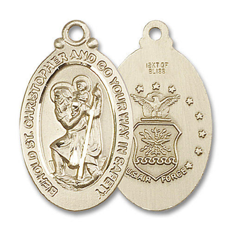 Large St Christopher Air Force Medal - 14kt Gold 1 1/8 x 5/8 Oval Pendant 4145