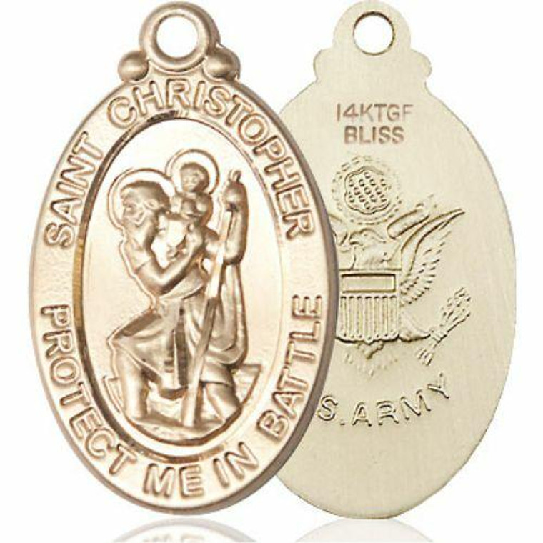 Large St Christopher Army Medal - 14kt Gold 1 1/8 x 5/8 Oval Pendant 1175