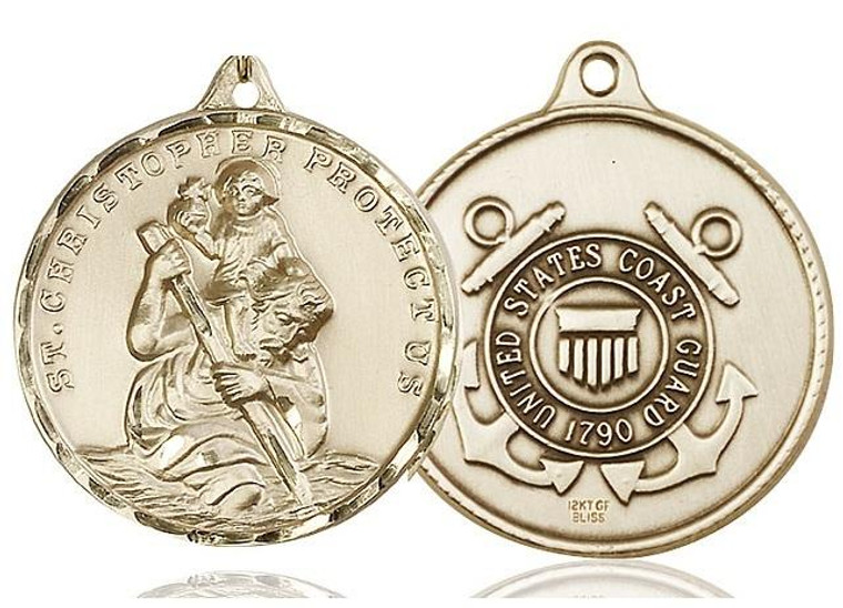 Extra Large St Christopher Coast Guard Medal - 14kt Gold 1 3/8 x 1 1/4 Round Pendant 0203