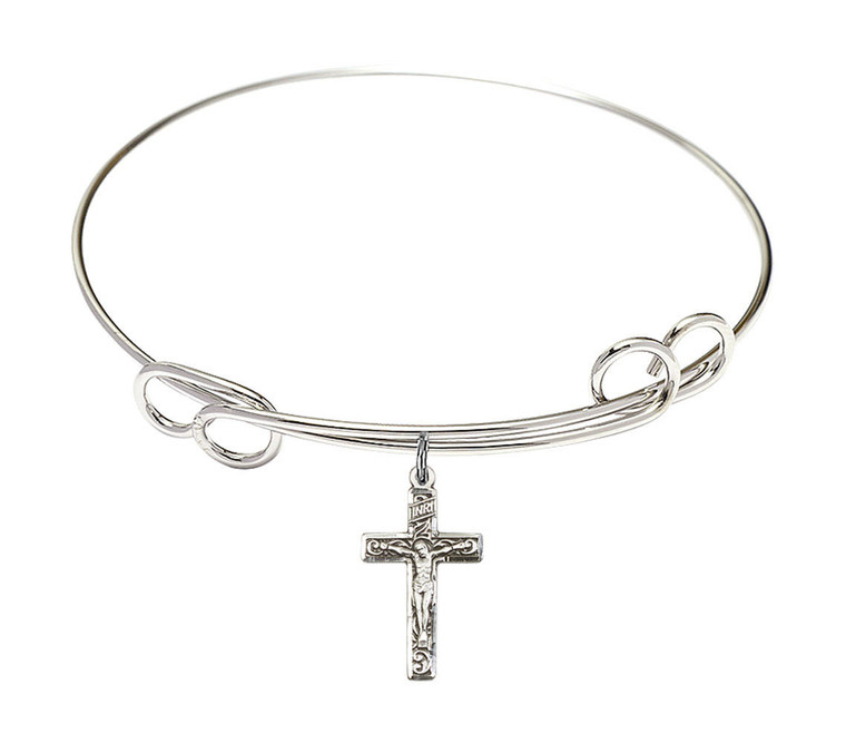 Crucifix Double Loop Bangle Bracelet - Sterling Silver Charm 0672SS