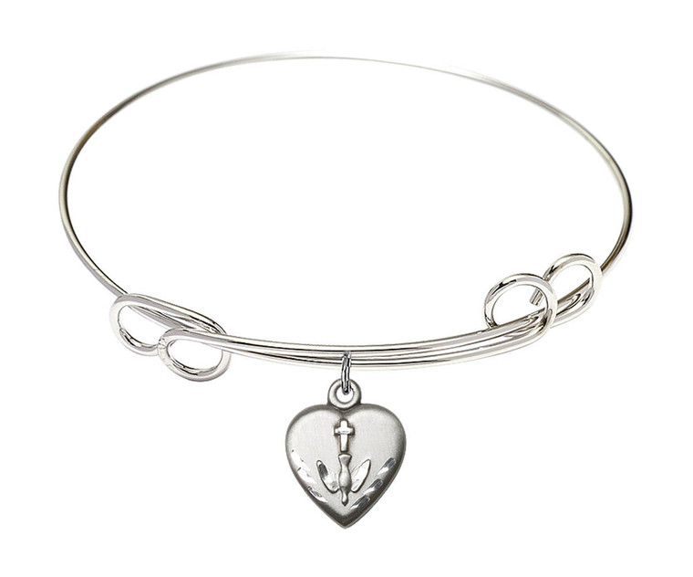 Heart - Confirmation Double Loop Bangle Bracelet - Sterling Silver Charm