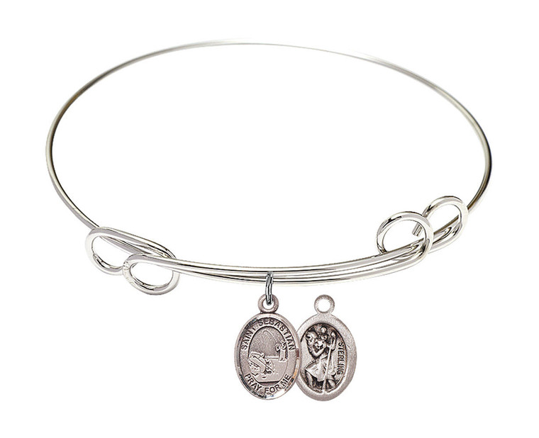 St Sebastian - Fishing Double Loop Bangle Bracelet - Sterling Silver Charm