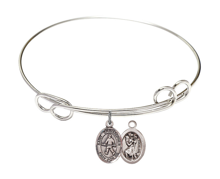 St Christopher - Field Hockey Double Loop Bangle Bracelet - Sterling Silver Charm
