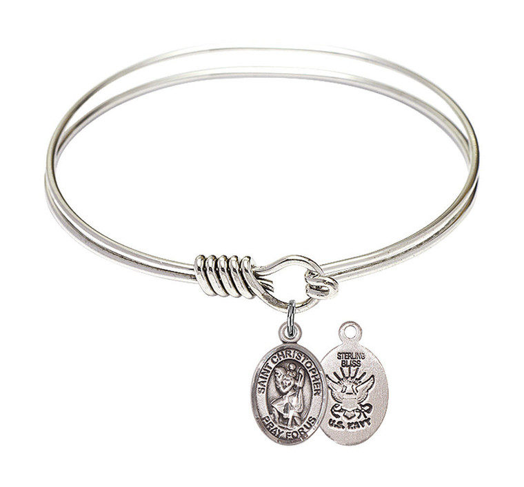 St Christopher - Navy Round Eye Hook Bangle Bracelet - Sterling Silver Charm - 6.25 Inch 9022SS6