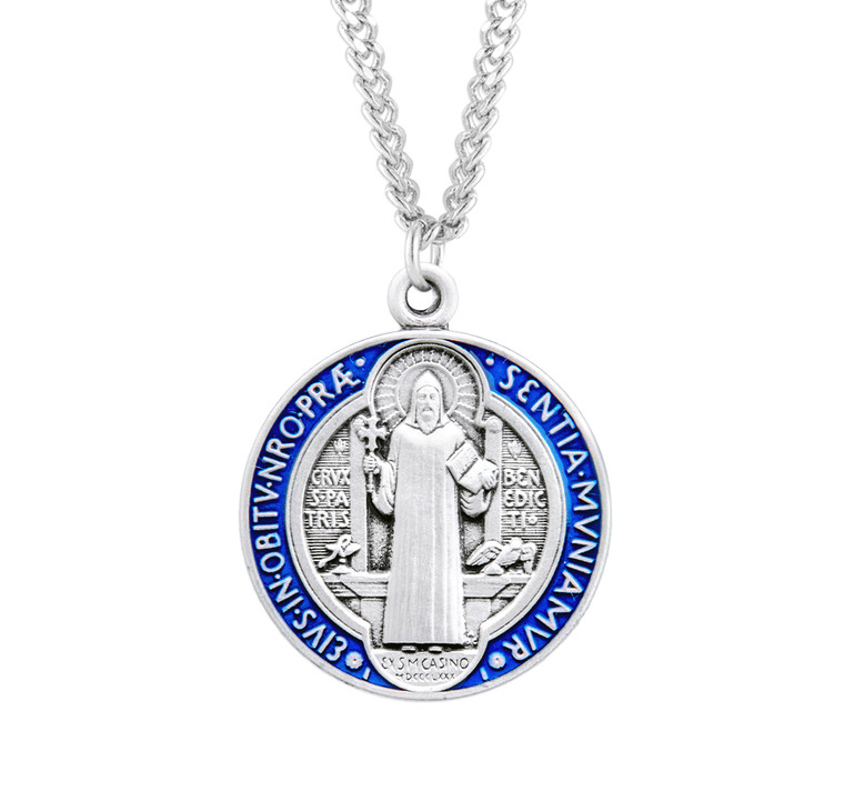 St. Benedict Jubilee Blue & Red Medal Necklace - Sterling Silver Pendant (0.9" Round) on Endless Stainless Chain