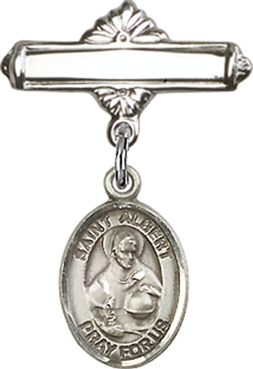 Personalized Baby Badge - Engraved Badge Pin with St. Albert the Great Charm