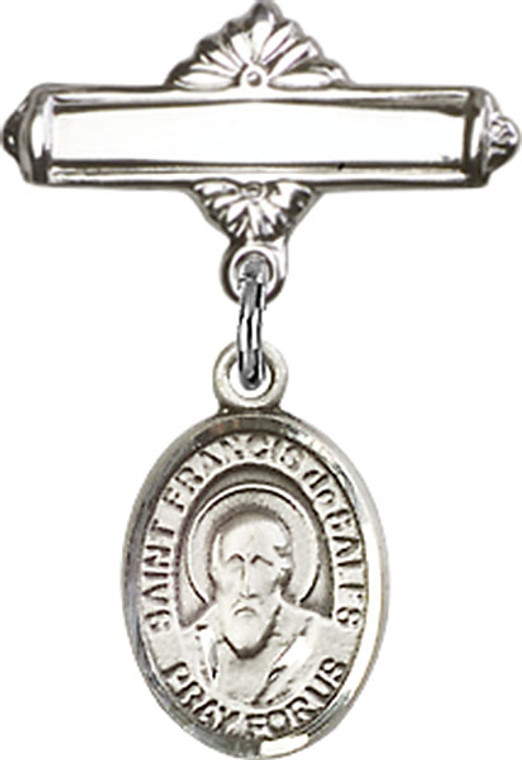 Personalized Baby Badge - Engraved Badge Pin with St. Francis de Sales Charm