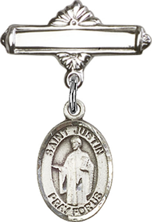 Personalized Baby Badge - Engraved Badge Pin with St. Justin Charm
