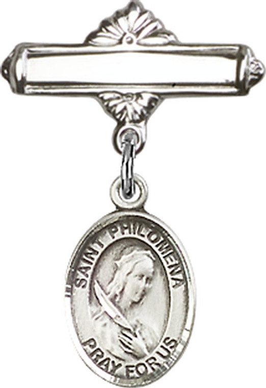 Personalized Baby Badge - Engraved Badge Pin with St. Philomena Charm