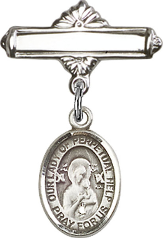 Personalized Baby Badge - Engraved Badge Pin with Our Lady of Perpetual Help Charm