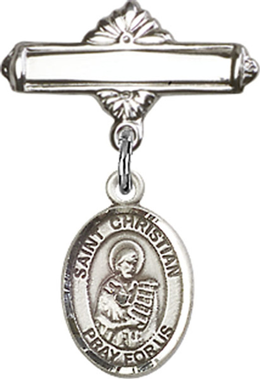 Personalized Baby Badge - Engraved Badge Pin with St. Christian Demosthenes Charm