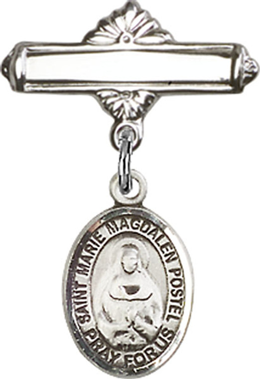 Personalized Baby Badge - Engraved Badge Pin with St. Marie Magdalen Postel Charm