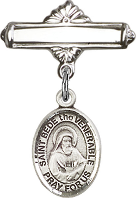 Personalized Baby Badge - Engraved Badge Pin with St. Bede the Venerable Charm