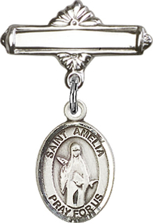 Personalized Baby Badge - Engraved Badge Pin with St. Amelia Charm