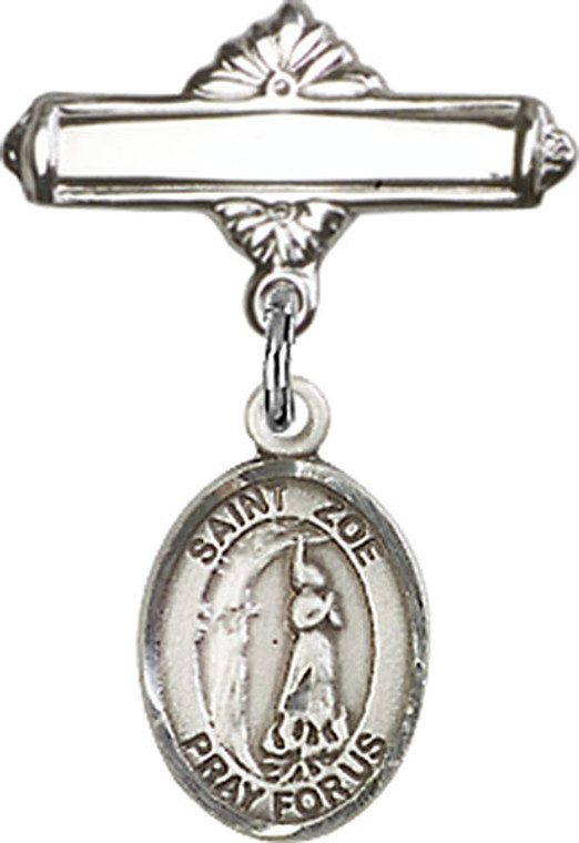 Personalized Baby Badge - Engraved Badge Pin with St. Zoe of Rome Charm