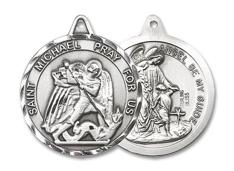Extra Large St Michael and Guardian Angel Medal - Sterling Silver 1 3/8 x 1 1/4 Round Pendant 0201RSS