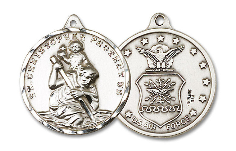 Extra Large St Christopher Air Force Medal - Sterling Silver 1 3/8 x 1 1/4 Round Pendant 0203SS1