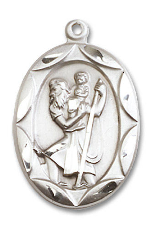 Large Embellished St Christopher Medal - Sterling Silver 1 x 5/8 Oval Pendant 0801CSS
