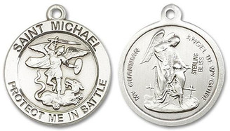 Large St Michael and Guardian Angel Medal - Sterling Silver 1 x 7/8 Round Pendant 1170SS