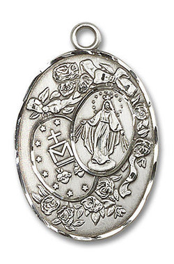 Miraculous Medal in Roses Pendant - Sterling Silver (2 Sizes)