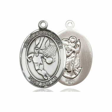 St. Christopher Basketball Medal - Sterling Silver Oval Pendant (2 Sizes)