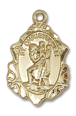 Embellished St. Christopher Medal - 14kt Gold 3/4" x 1/2" Pendant (0822C)