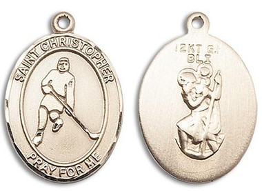 St. Christopher Ice Hockey Medal - 14kt Gold Oval Pendant (3 Sizes)