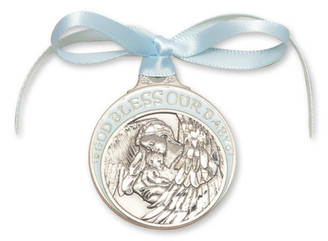 Pewter Baby With Angel Crib Medal With Blue Ribbon - Pendant 4300BPW