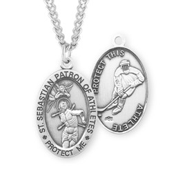 St. Sebastian Patron of Athletes Hockey Necklace - Sterling Silver Oval Pendant