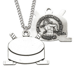 St. Sebastian Hockey Puck & Sticks Necklace - Sterling Silver Pendant