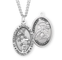 St. Sebastian Patron of Athletes Wrestling Necklace - Sterling Silver Oval Pendant