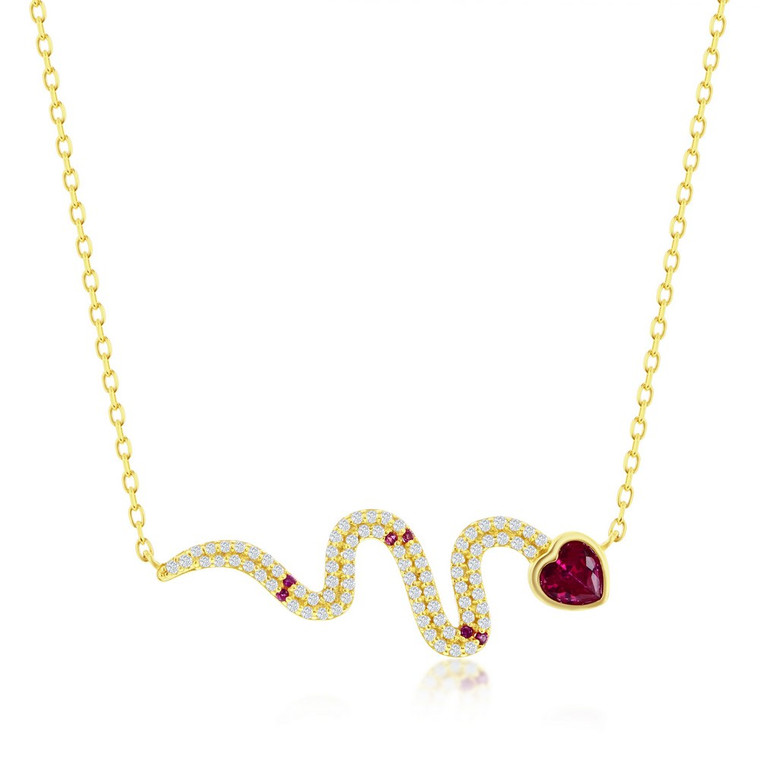 Snake Necklace with Red Heart CZ