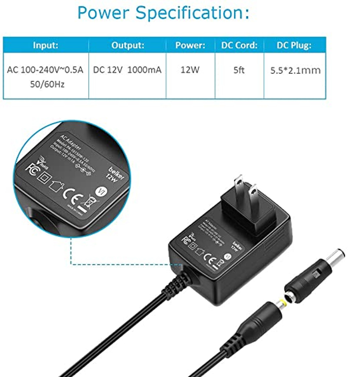 Belker 12V 1A AC DC Adapter Wall Charger Power Adapter Supply for 12 Volt  Electronics