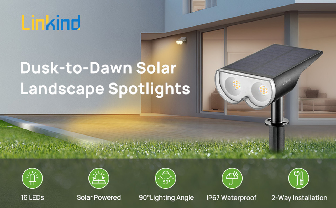 Linkind StarRay 16 LEDs Solar Landscape Spotlights, Dusk-to-Dawn IP67 Waterproof  Solar Powered Spot Lights,