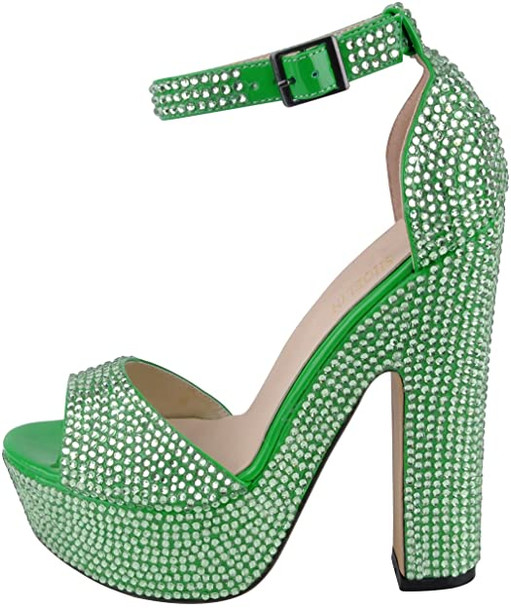 SHOELIN Chunky Heels, Sparkly Open Toe Ankle Strap Platform Rhinestone