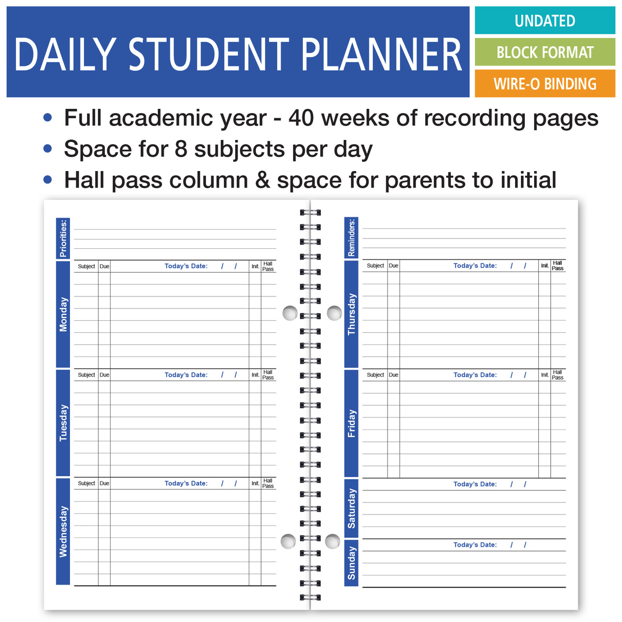 Undated Student Organizer for Middle School, Daily Homeowrk Planner, 8.5 x  11 (SO-8) - KL-5KF3-CI7Y 