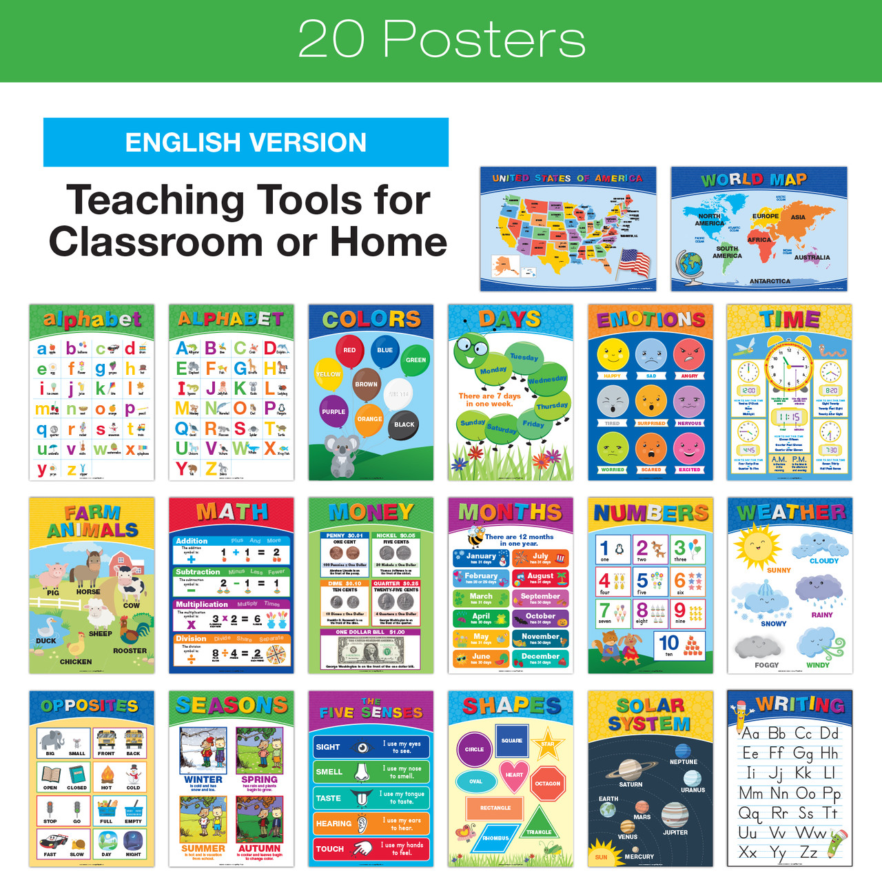 20 Educational Kids Posters (Double Sided English and Spanish) - Excello  Global Brands